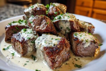 Close-up of seared Garlic Butter Steak Bites generously covered in a creamy garlic sauce and sprinkled with parsley.