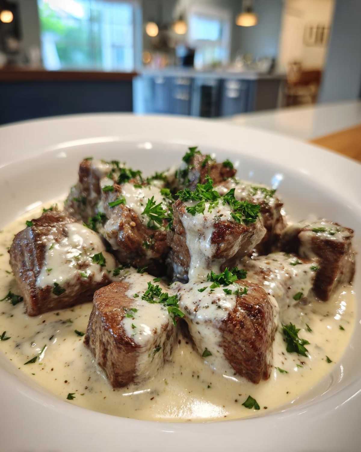 Close-up of tender Garlic Butter Steak Bites smothered in a rich, creamy garlic sauce and topped with fresh parsley.