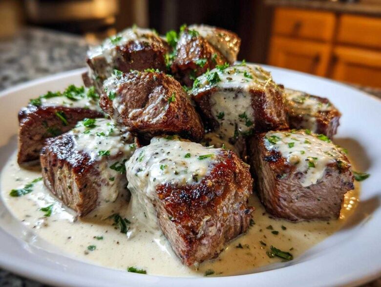 Close-up of seared Garlic Butter Steak Bites generously covered in a creamy garlic sauce and sprinkled with parsley.