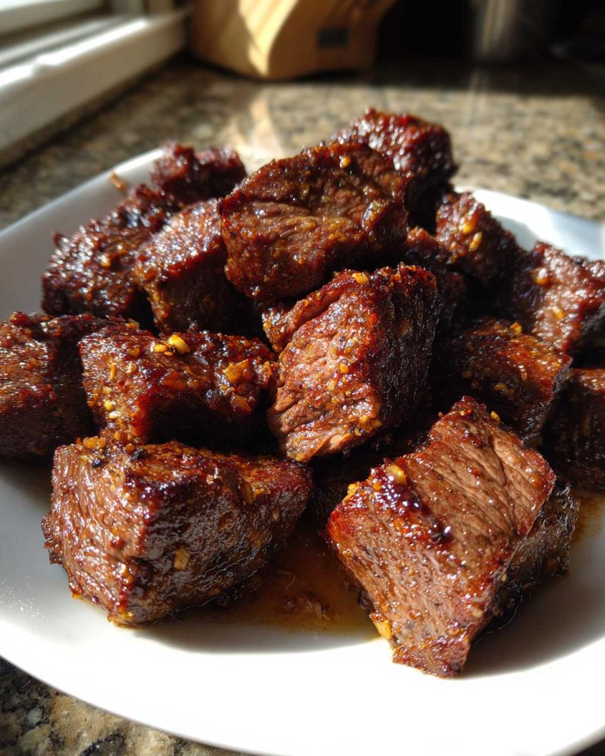 A pile of juicy Garlic Butter Steak Bites with crispy, caramelized edges glistening with sauce on a white plate.