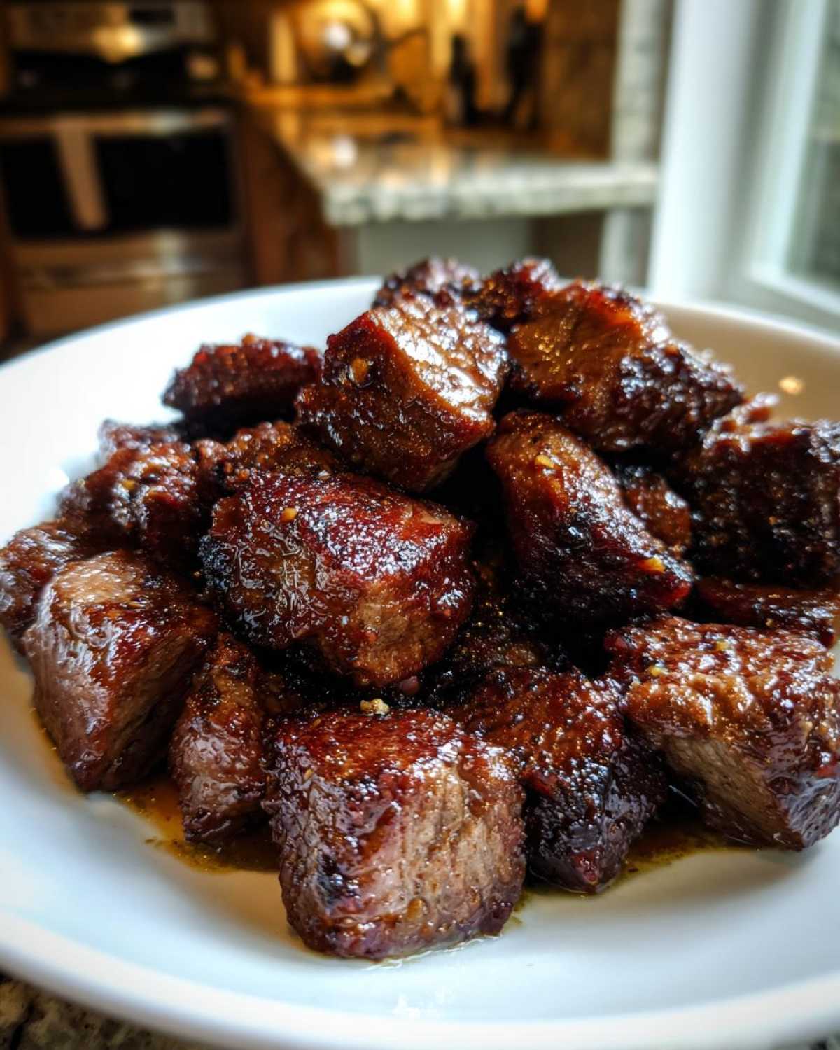 A close-up of a pile of glistening Garlic Butter Steak Bites with visible crispy, caramelized edges served in a white bowl.