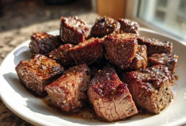 A plate piled high with juicy Garlic Butter Steak Bites featuring crispy, seasoned edges glistening in the light.