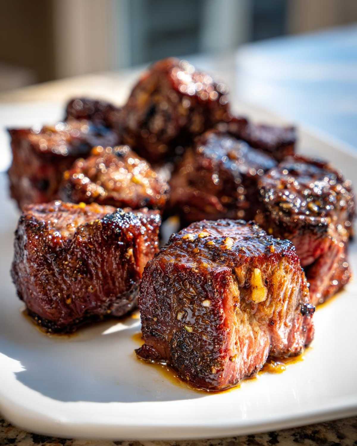 Close-up of perfectly seared Garlic Butter Steak Bites glistening with sauce on a white plate.