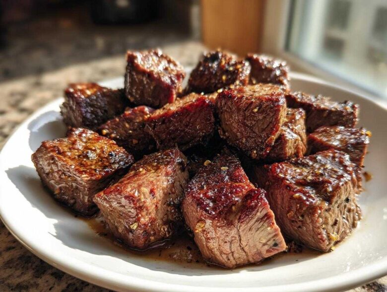 A plate piled high with juicy Garlic Butter Steak Bites featuring crispy, seasoned edges glistening in the light.