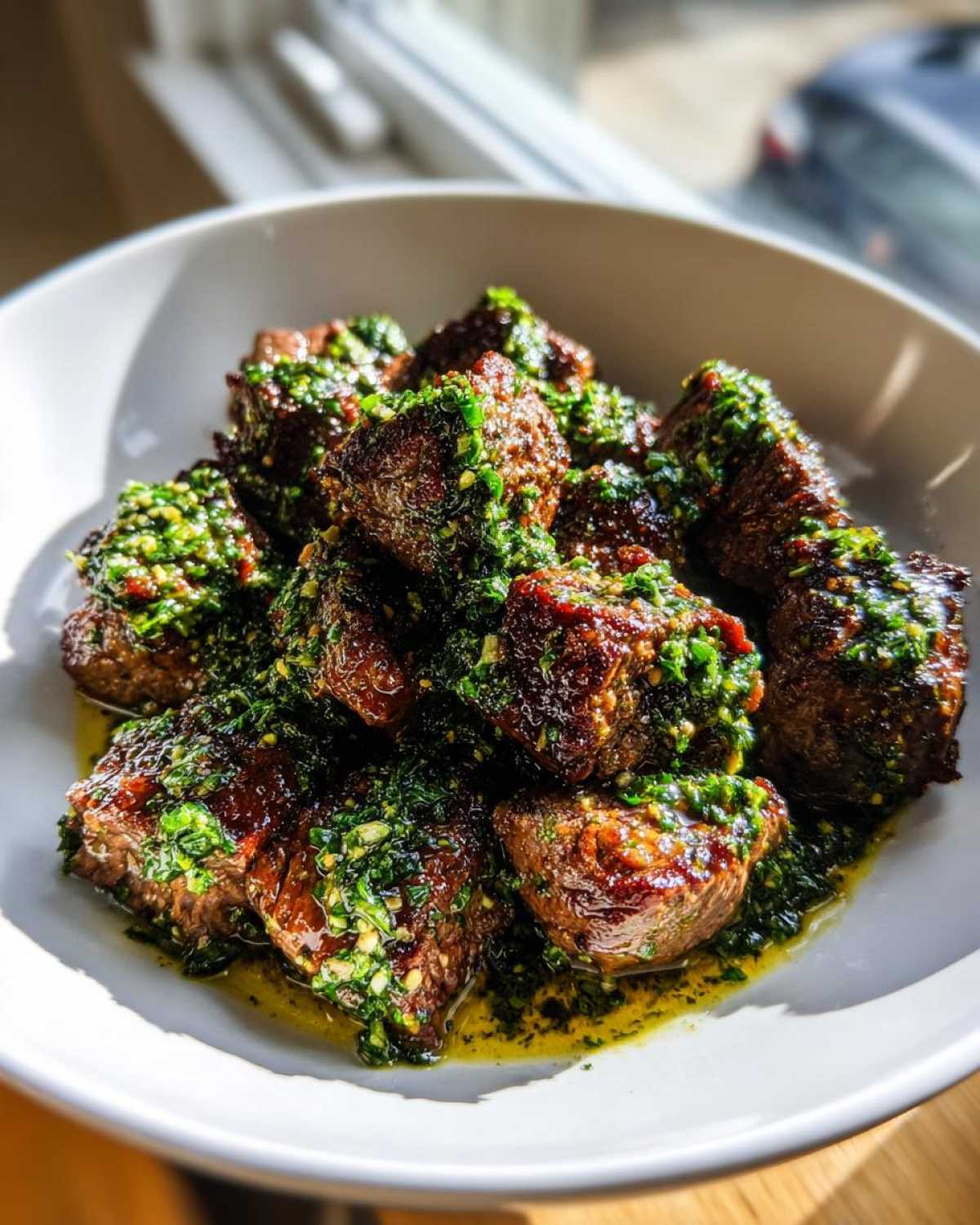 Close-up of seared Garlic Butter Steak Bites generously coated in a bright green herb sauce in a white bowl.