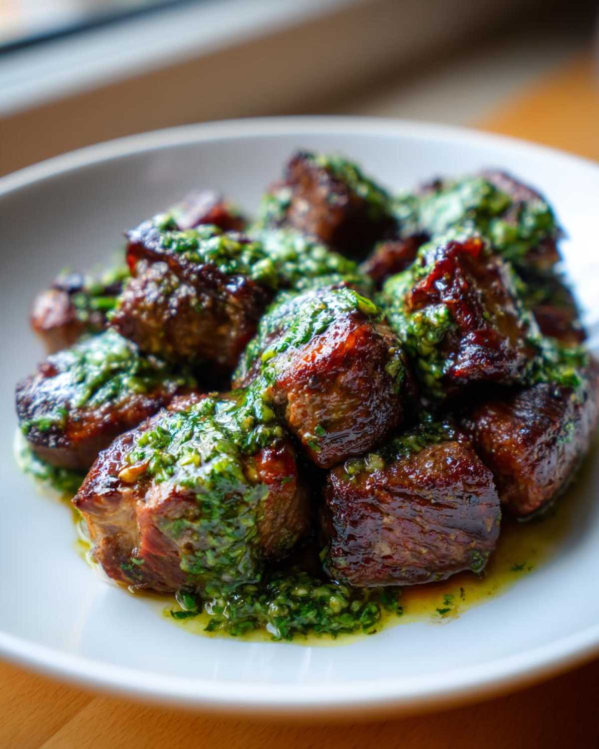 Close-up of perfectly seared Garlic Butter Steak Bites generously topped with a vibrant green herb sauce.