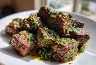 Close-up of juicy Garlic Butter Steak Bites generously topped with a bright green herb sauce on a white plate.