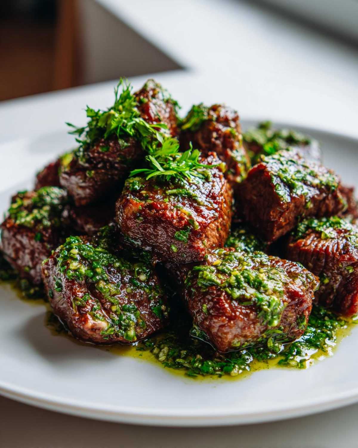 Close-up of juicy Garlic Butter Steak Bites generously covered in a bright green herb sauce and fresh parsley.