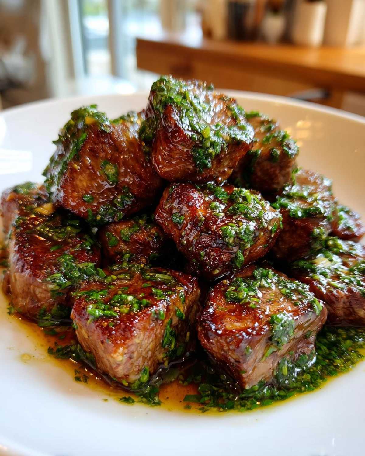 A pile of seared Garlic Butter Steak Bites generously coated in a vibrant green herb sauce, served in a white bowl.