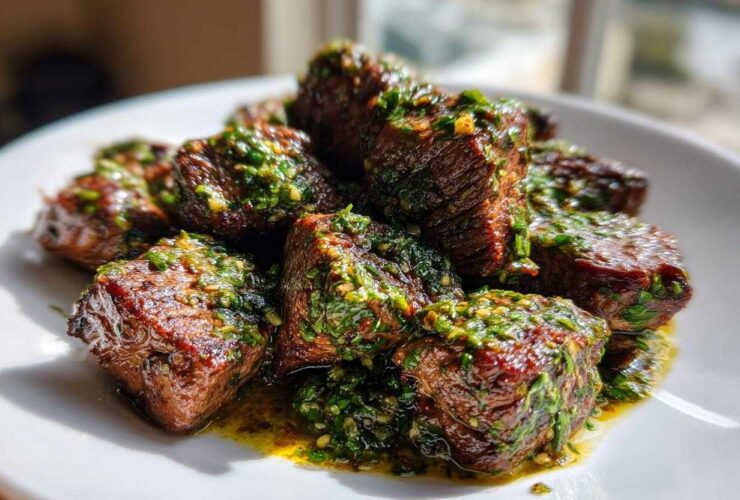 Close-up of juicy Garlic Butter Steak Bites generously topped with a bright green herb sauce on a white plate.