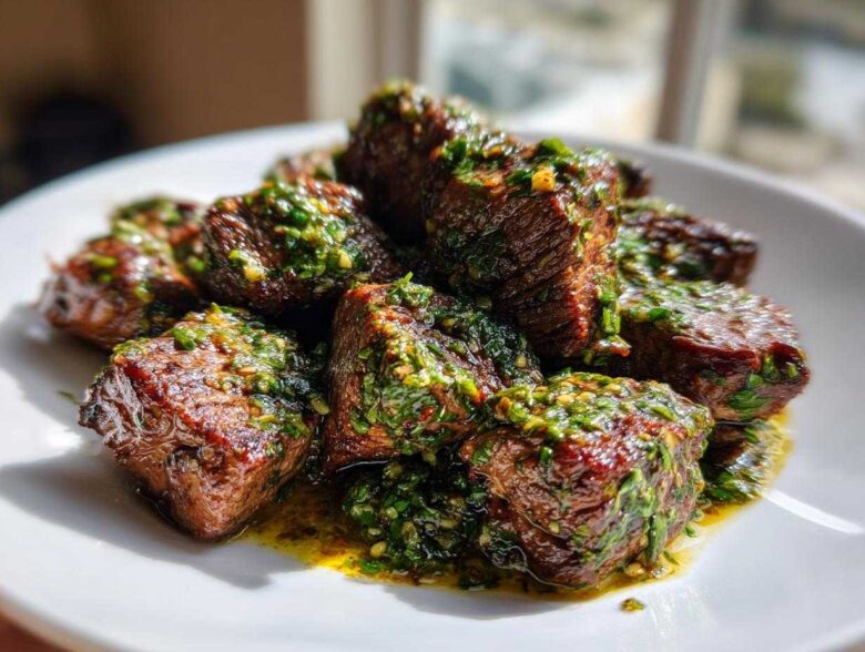 Close-up of juicy Garlic Butter Steak Bites generously topped with a bright green herb sauce on a white plate.