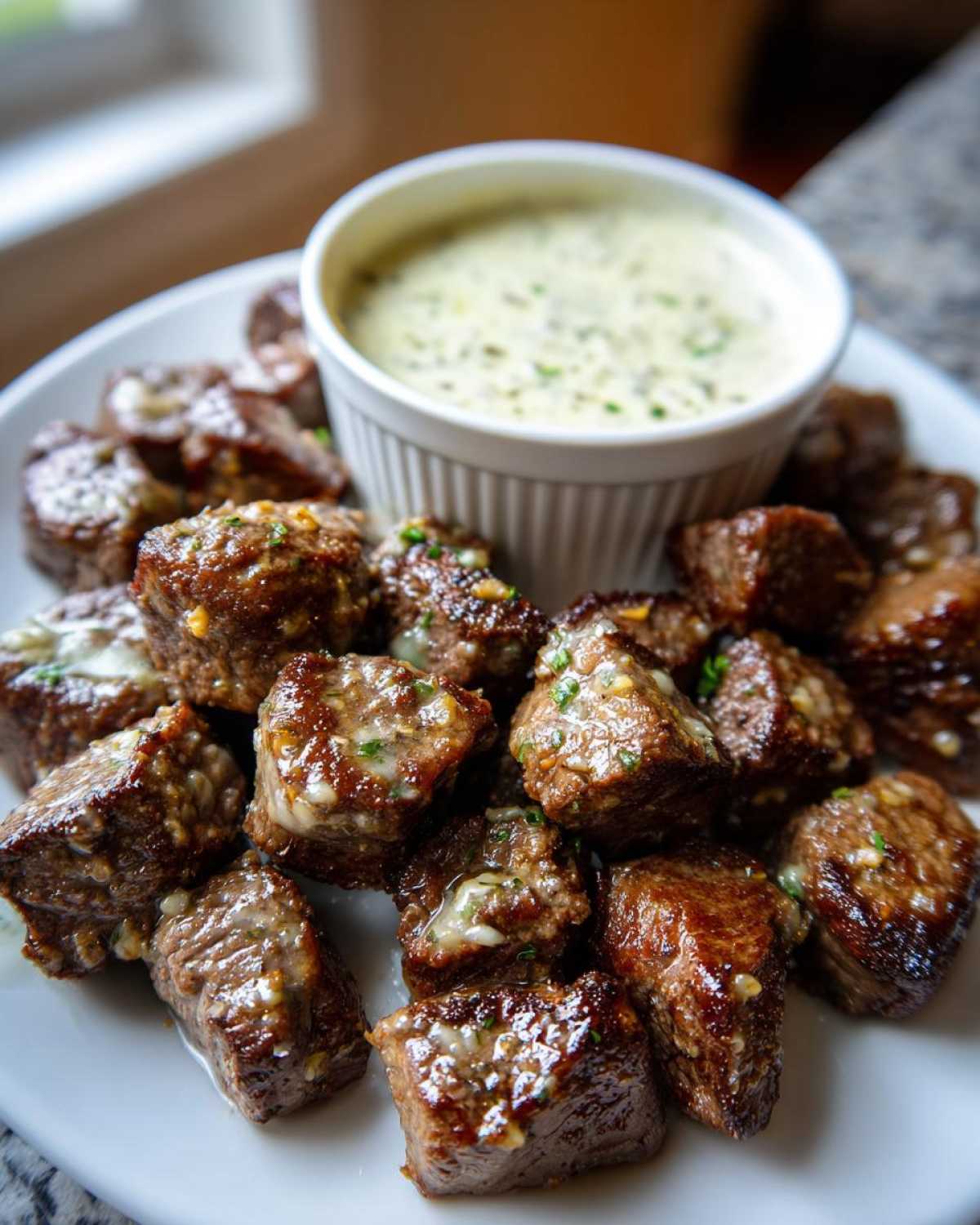 A plate of juicy Garlic Butter Steak Bites topped with melted garlic butter, served with a side of creamy garlic sauce.