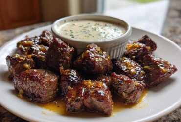 Close-up of seared Garlic Butter Steak Bites glistening in sauce, served with a side of creamy garlic sauce.