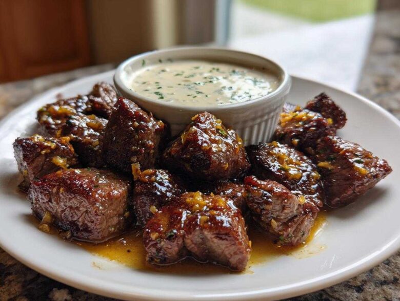 Close-up of seared Garlic Butter Steak Bites glistening in sauce, served with a side of creamy garlic sauce.