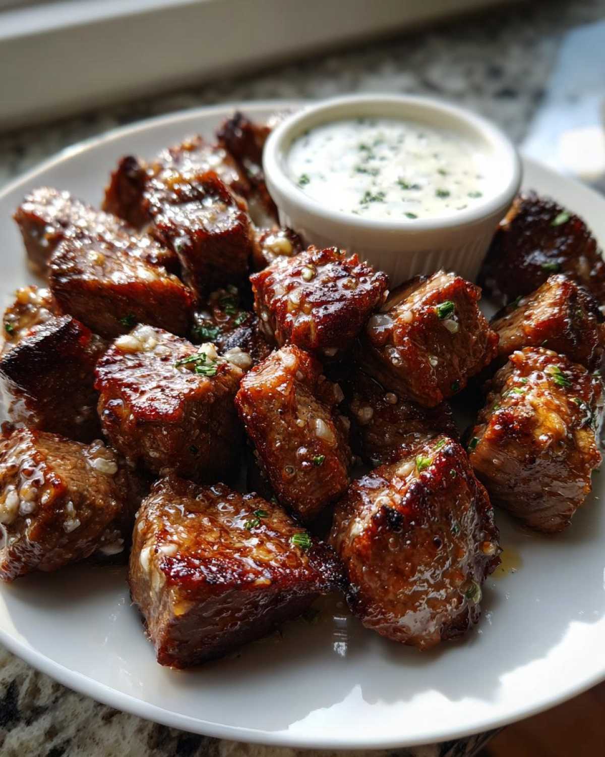 A plate piled high with seared Garlic Butter Steak Bites, glistening with sauce and served with a side of creamy garlic sauce.