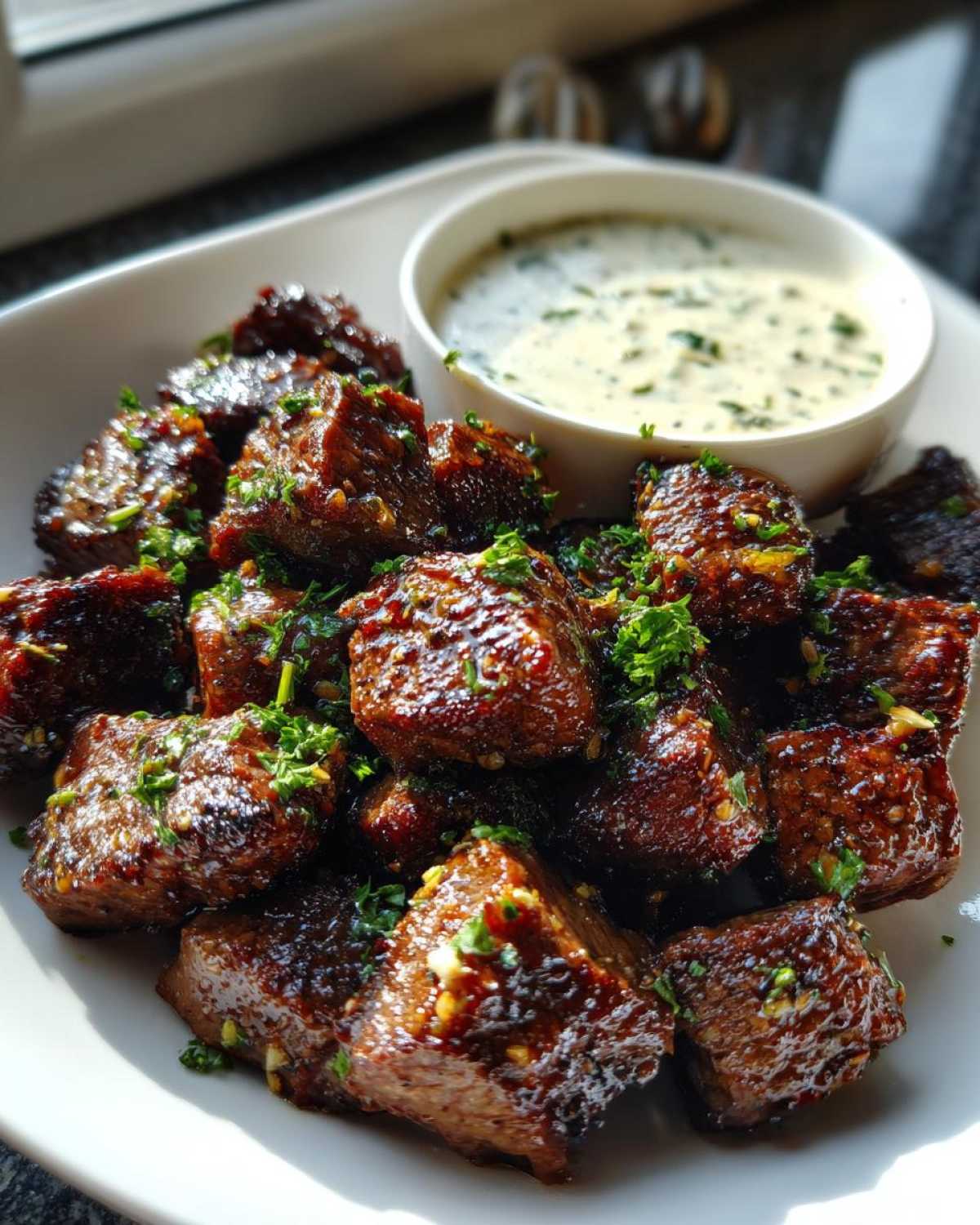 A plate of glistening Garlic Butter Steak Bites garnished with parsley, served alongside a small bowl of creamy garlic sauce.