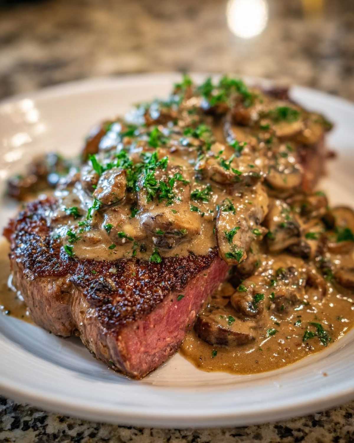 Close-up of a perfectly cooked steak topped generously with creamy mushroom sauce and fresh parsley.