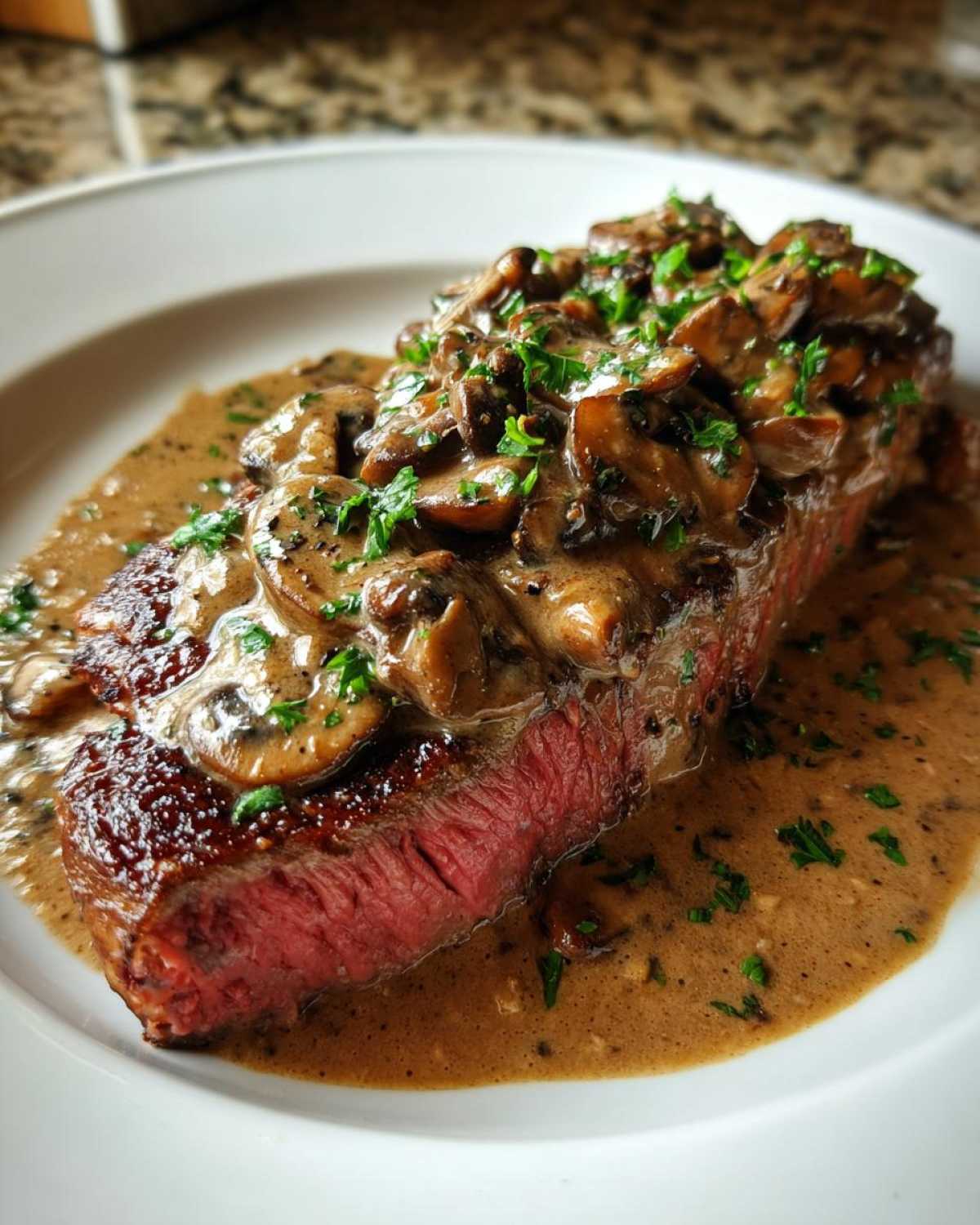 A perfectly cooked medium-rare steak topped with creamy mushroom sauce and fresh parsley, showcasing the Garlic Butter Steak.