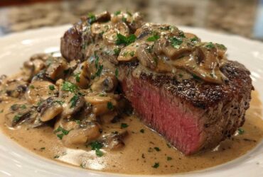 A perfectly cooked Garlic Butter Steak with Creamy Mushroom Sauce, showing a medium-rare interior and rich sauce.