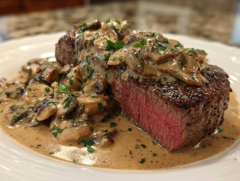A perfectly cooked Garlic Butter Steak with Creamy Mushroom Sauce, showing a medium-rare interior and rich sauce.