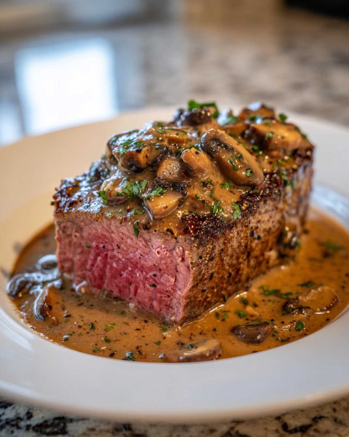 Close-up of a perfectly cooked medium-rare Garlic Butter Steak with Creamy Mushroom Sauce poured over the top.