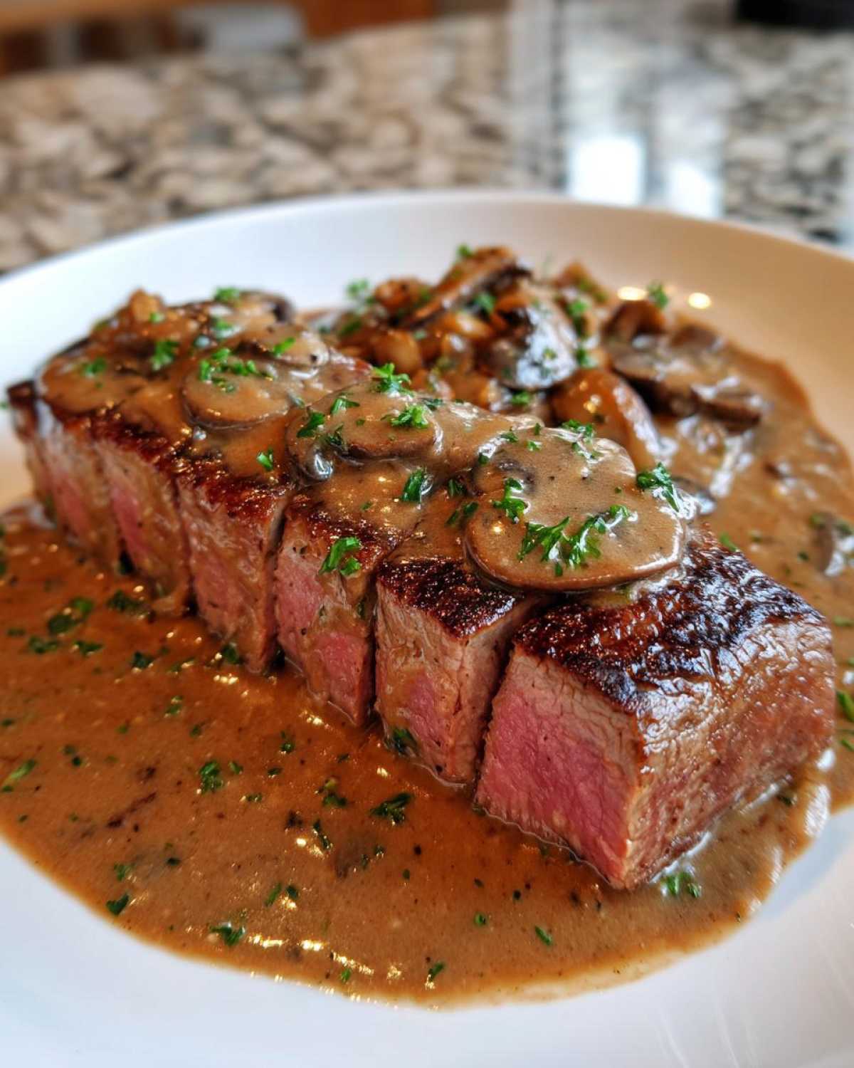 Perfectly cooked, sliced steak covered in creamy mushroom sauce, part of the Garlic Butter Steak with Creamy Mushroom Sauce recipe.