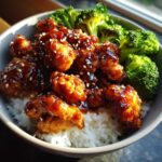 Close-up of Honey Garlic Chicken Bites coated in a glossy sauce, served over white rice with steamed broccoli and sesame seeds.