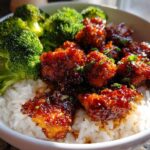 Close-up of Honey Garlic Chicken Bites served over white rice with bright green steamed broccoli florets.