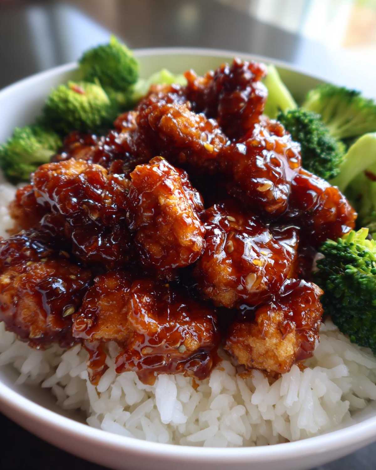 Close-up of Honey Garlic Chicken Bites coated in a thick, glossy sauce served over white rice with steamed broccoli florets.