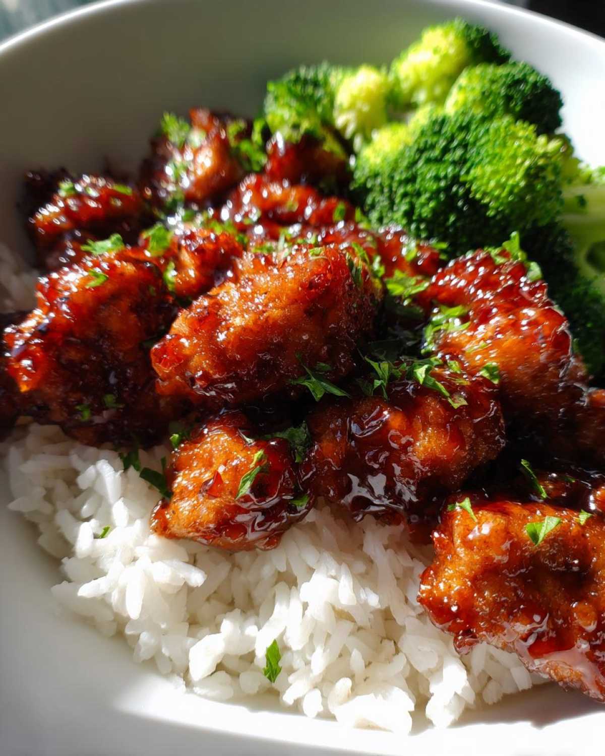 Close-up of Honey Garlic Chicken Bites coated in shiny sauce served over white rice with steamed broccoli.