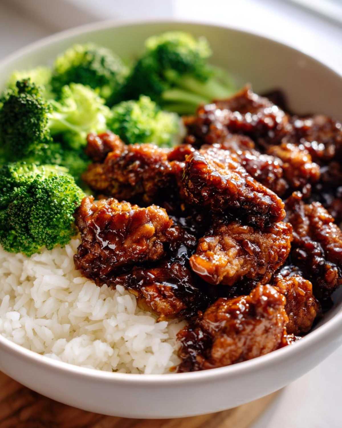 Close-up of a white bowl filled with Honey Garlic Chicken Bites with Rice Bowl, featuring glazed chicken, white rice, and steamed broccoli.