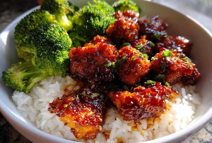 Close-up of Honey Garlic Chicken Bites served over white rice with bright green steamed broccoli florets.