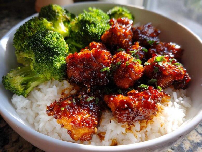 Close-up of Honey Garlic Chicken Bites served over white rice with bright green steamed broccoli florets.