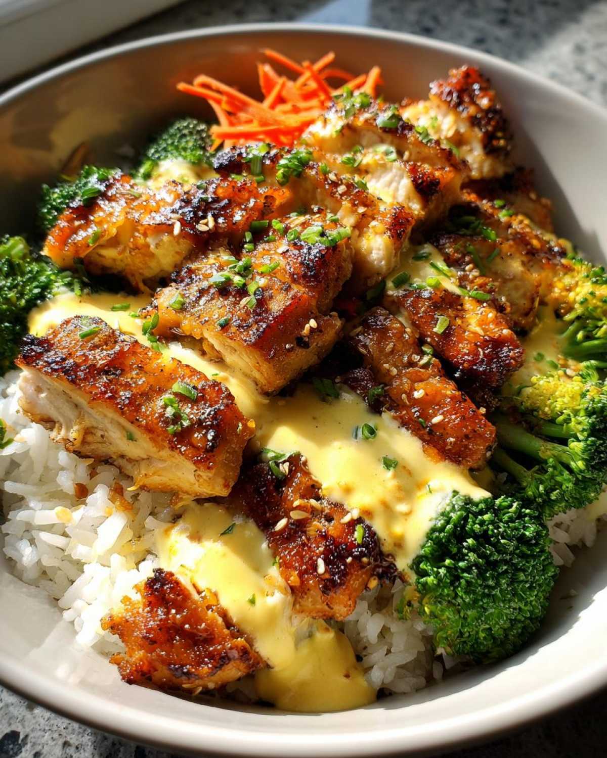 A close-up of a Honey Garlic Chicken Bowl featuring glazed chicken pieces over rice, broccoli, and a rich, creamy sauce.