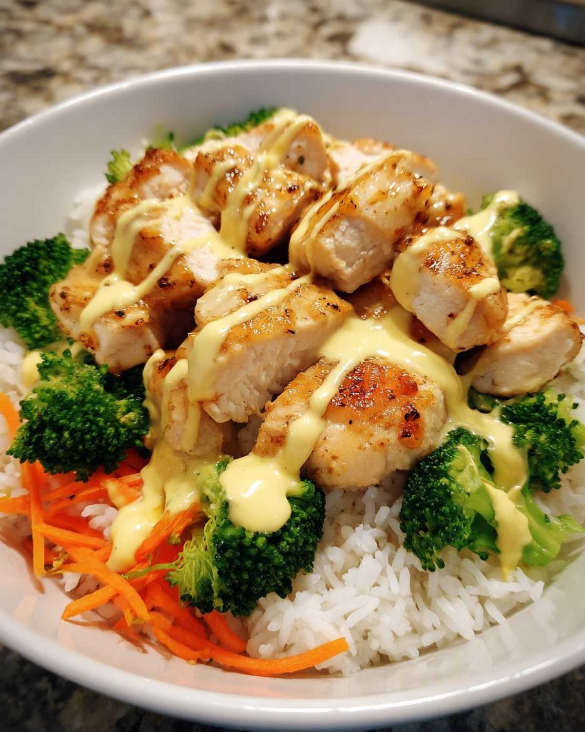 Close-up of a Honey Garlic Chicken Bowl featuring sliced chicken, rice, broccoli, carrots, and a drizzle of creamy sauce.