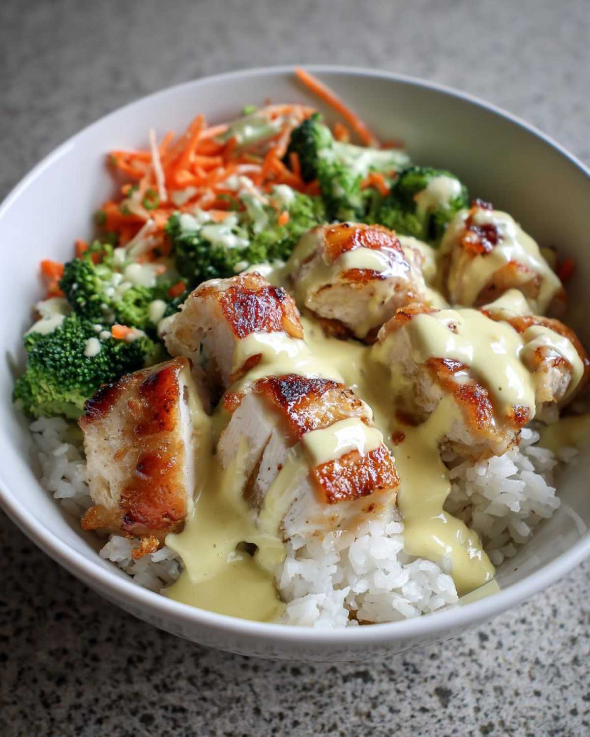 Close-up of a Honey Garlic Chicken Bowl featuring sliced, seared chicken over rice, topped with a creamy sauce, broccoli, and shredded carrots.
