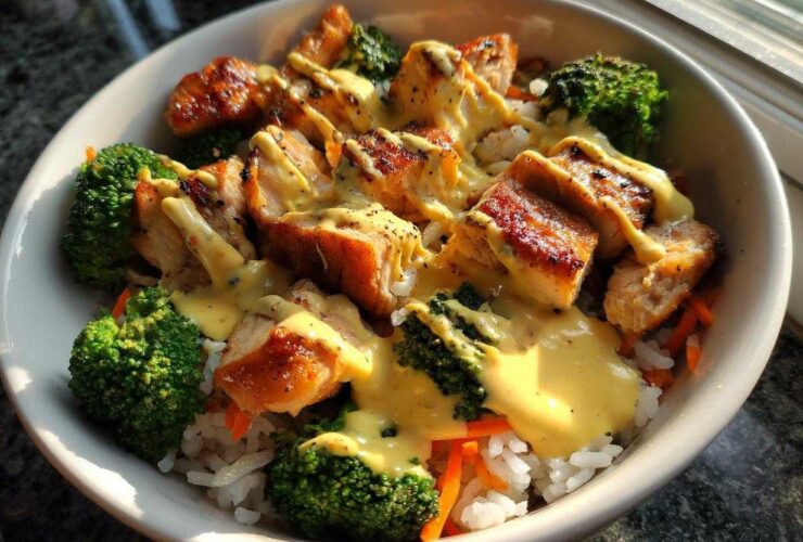 Close-up of a Honey Garlic Chicken Bowl with rice, bright green broccoli, and drizzled with a creamy yellow sauce.