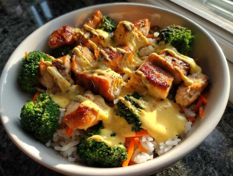 Close-up of a Honey Garlic Chicken Bowl with rice, bright green broccoli, and drizzled with a creamy yellow sauce.