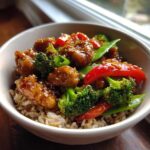 Close-up of a Honey Garlic Chicken Bowl with fresh veggies like broccoli and red peppers over brown rice.