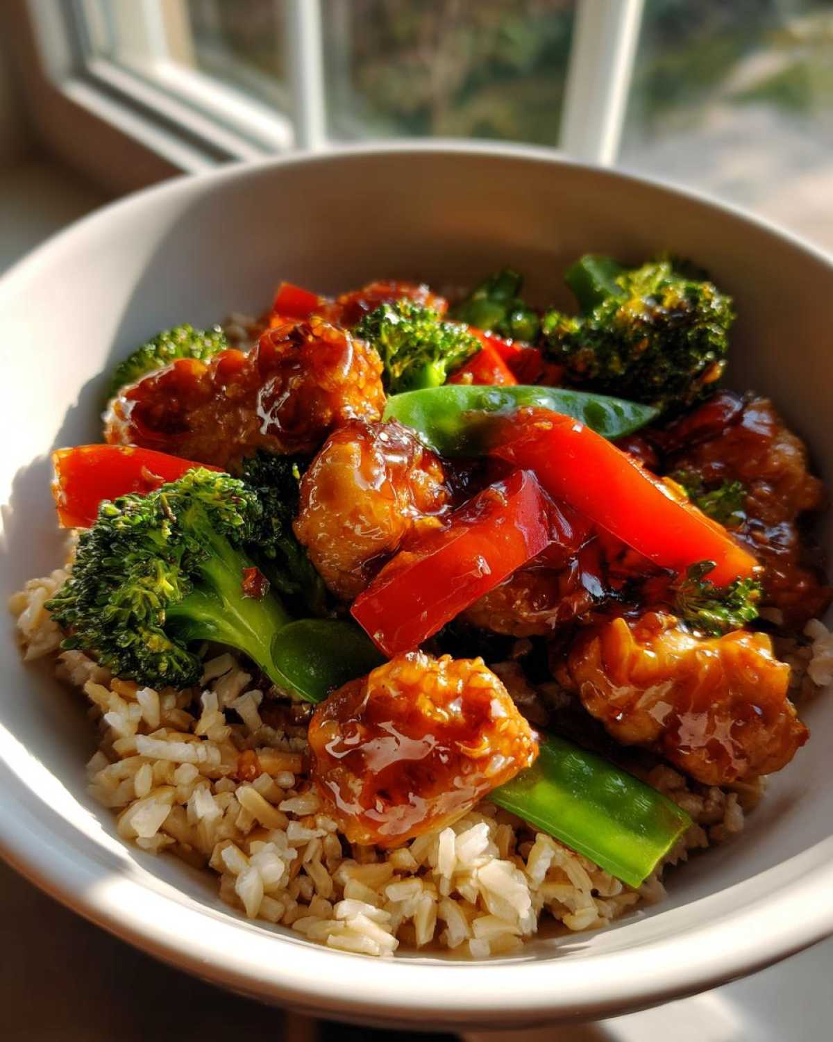 Close-up of a Honey Garlic Chicken Bowl with brown rice, broccoli, red peppers, and snow peas coated in a shiny glaze.