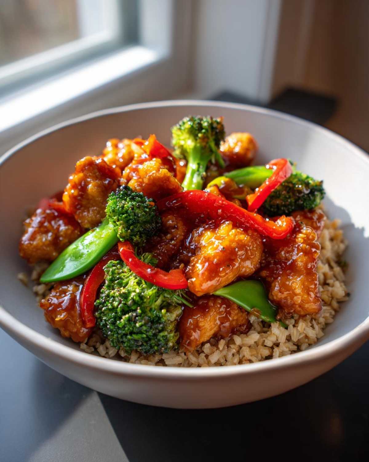 A close-up of a Honey Garlic Chicken Bowl featuring glazed chicken pieces, broccoli, red peppers, and snow peas over brown rice.