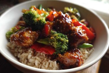 Close-up of a Honey Garlic Chicken Bowl with brown rice, broccoli, and red peppers coated in a shiny sauce.