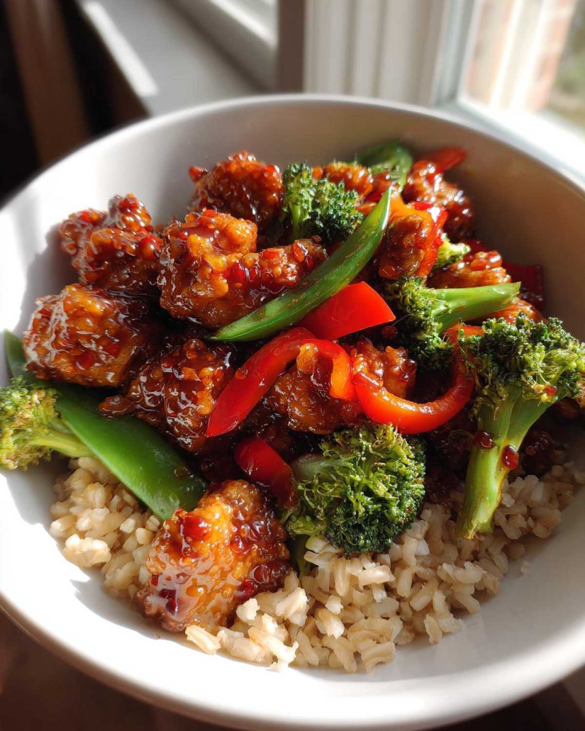 Close-up of a Honey Garlic Chicken Bowl featuring glazed chicken pieces, broccoli, red peppers, and brown rice.