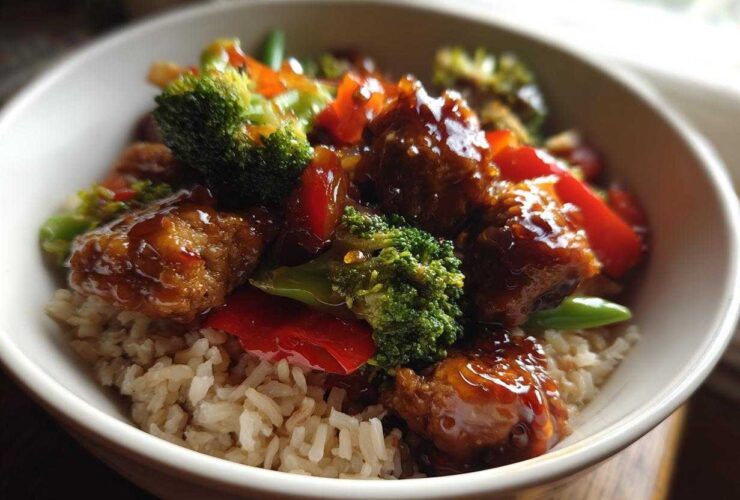 Close-up of a Honey Garlic Chicken Bowl with brown rice, broccoli, and red peppers coated in a shiny sauce.