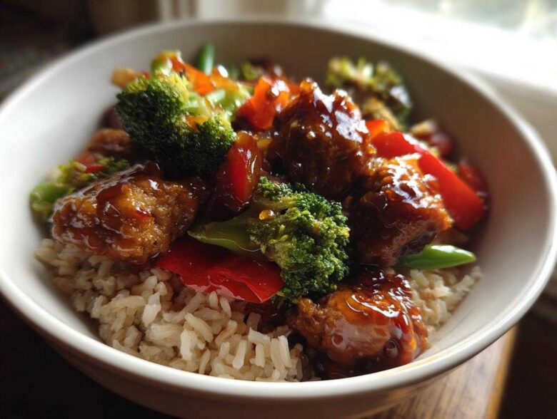 Close-up of a Honey Garlic Chicken Bowl with brown rice, broccoli, and red peppers coated in a shiny sauce.