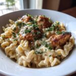 Close-up of Honey Garlic Chicken Pasta with Cream Sauce featuring spiral pasta coated in white sauce and topped with seared chicken pieces and parsley.