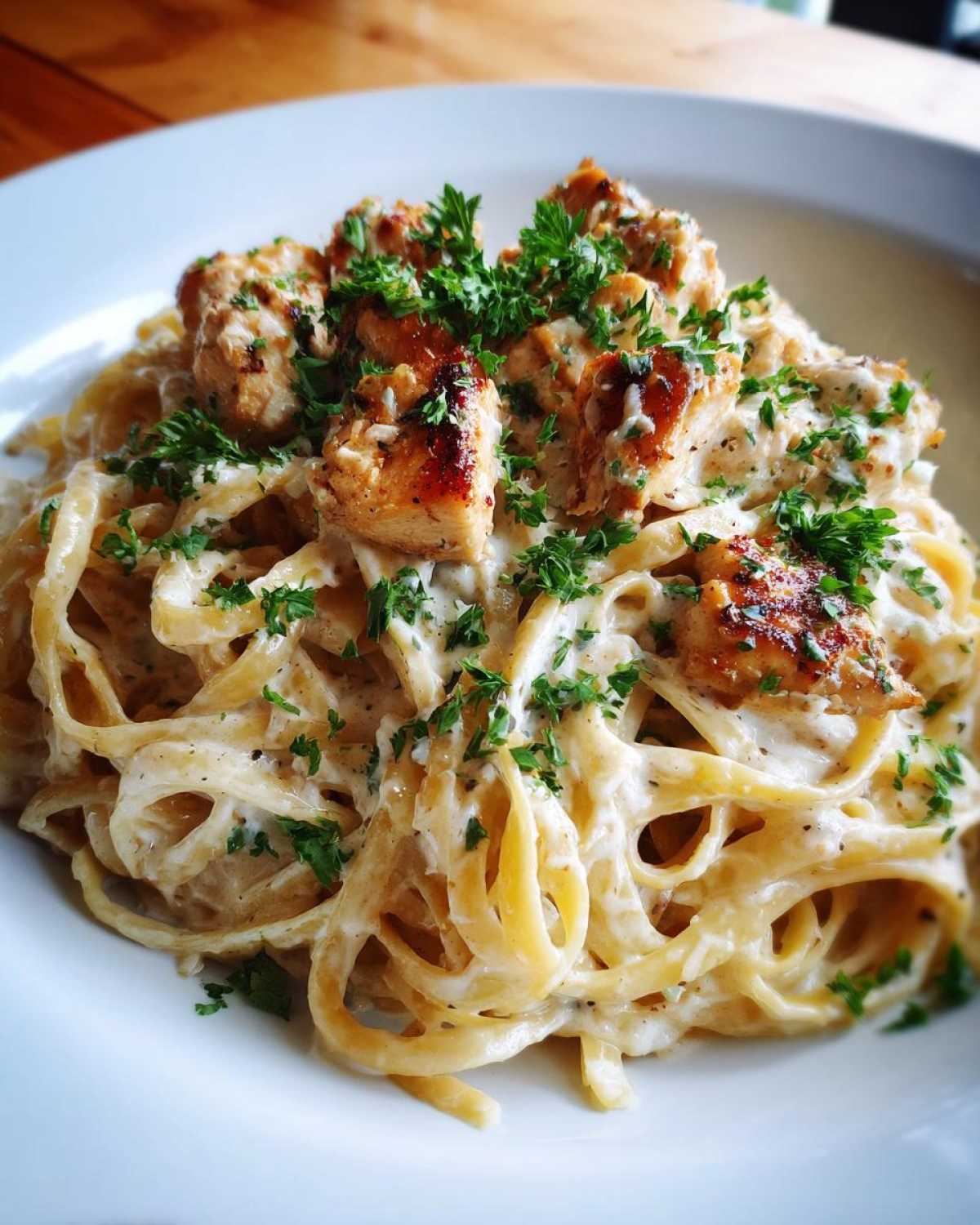 Close-up of Honey Garlic Chicken Pasta with Cream Sauce, topped with seared chicken pieces and fresh parsley.