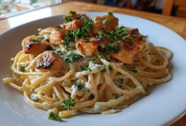 A white bowl filled with Honey Garlic Chicken Pasta with Cream Sauce, topped with seared chicken pieces and fresh parsley.