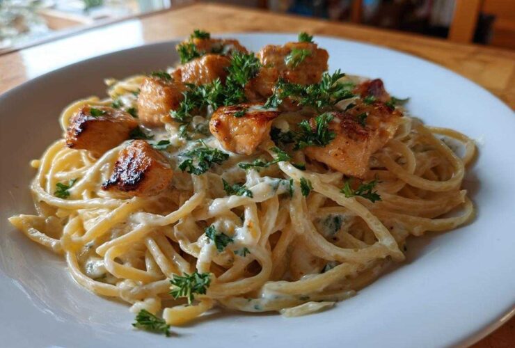 A white bowl filled with Honey Garlic Chicken Pasta with Cream Sauce, topped with seared chicken pieces and fresh parsley.