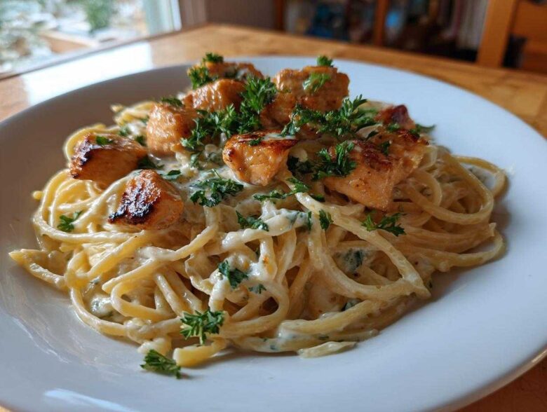 A white bowl filled with Honey Garlic Chicken Pasta with Cream Sauce, topped with seared chicken pieces and fresh parsley.